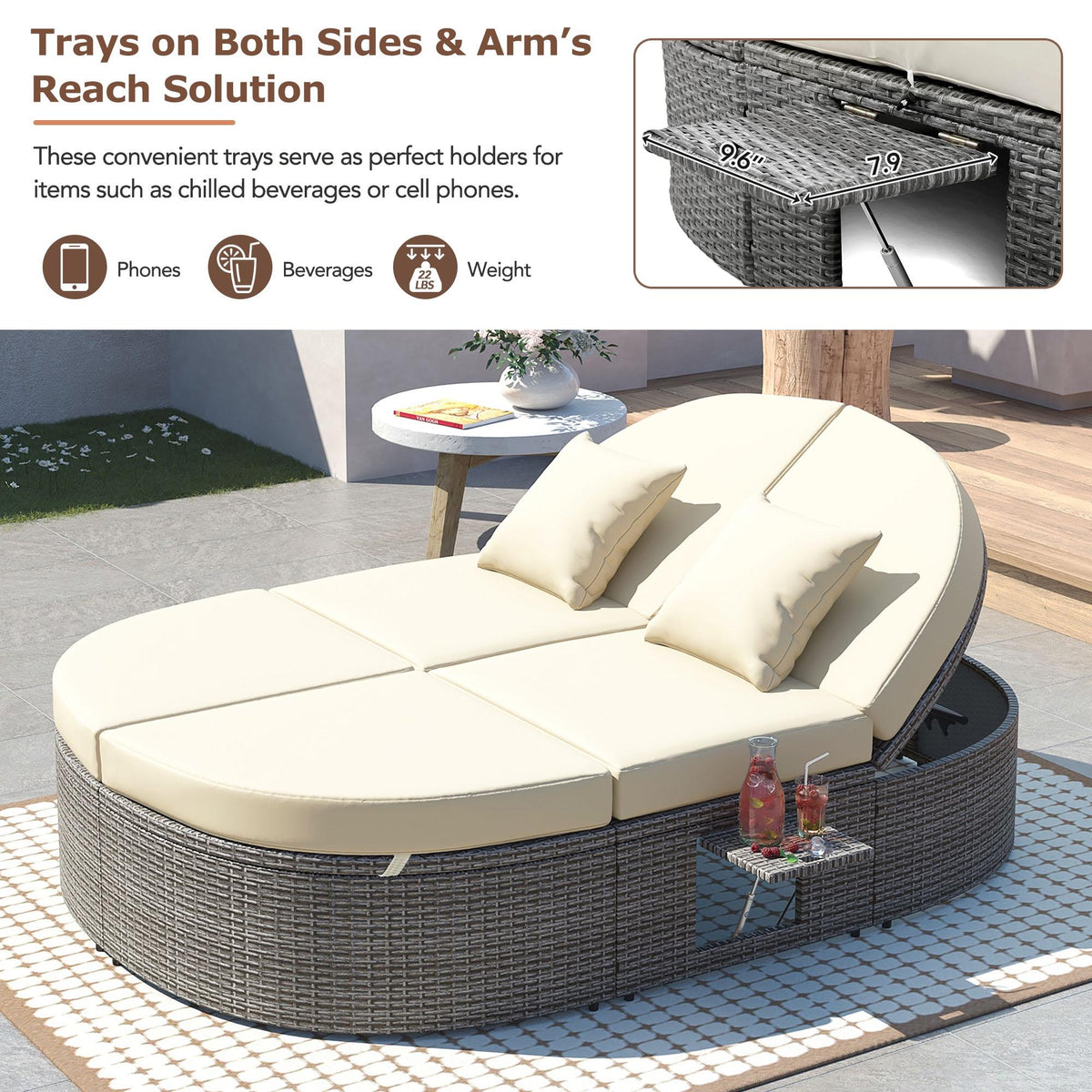 Beige Wicker Double Chaise Lounge with Adjustable Sofa and Foldable Cup Trays M47999