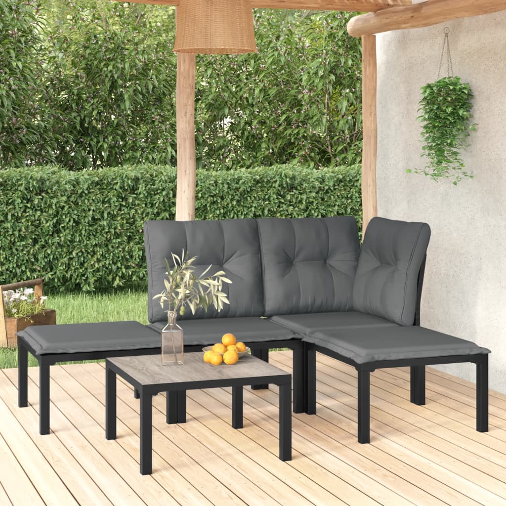 5 Piece Outdoor Patio Furniture Set, Black Poly Rattan Sectional Sofa with Dark Gray Cushions K46602