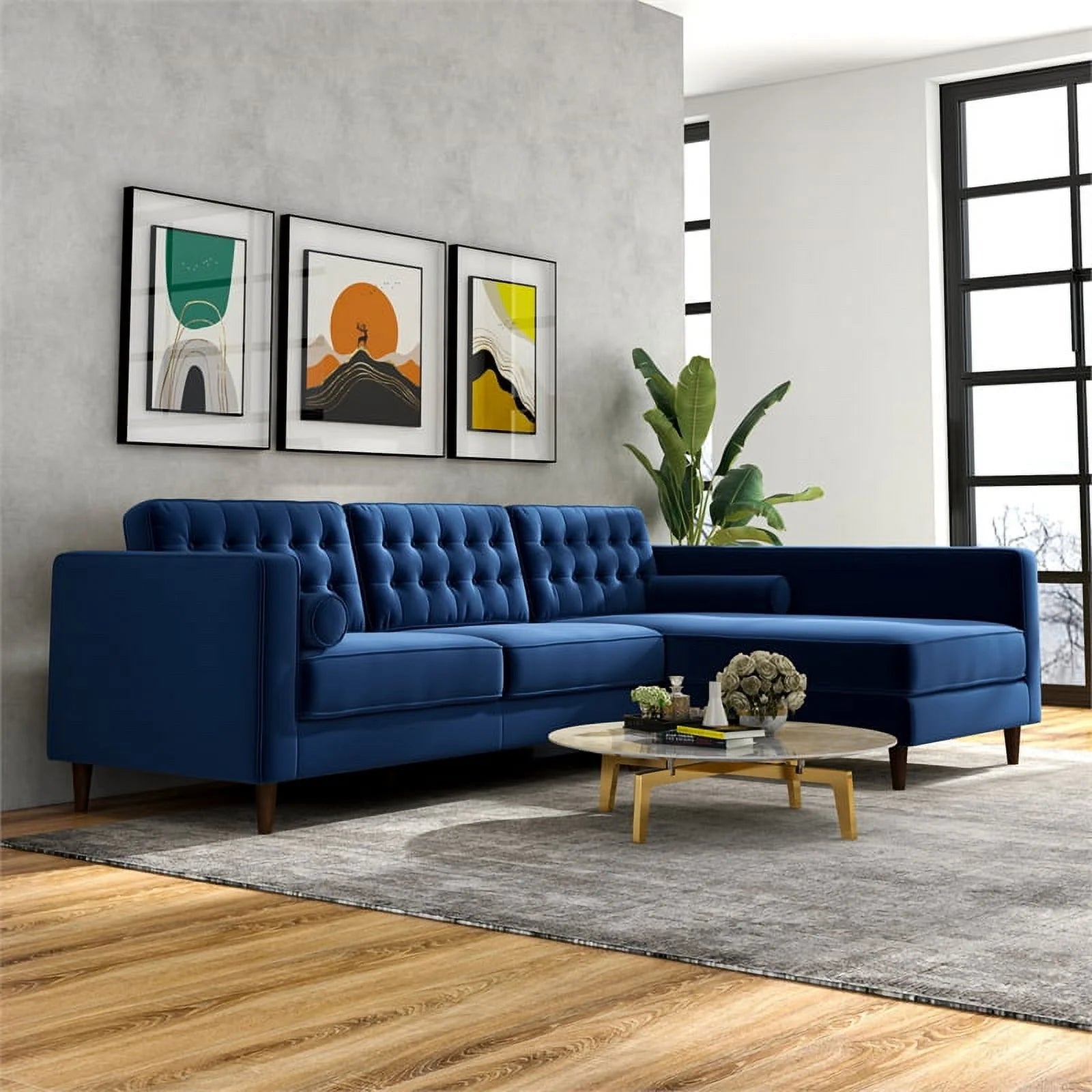 Navy Blue Velvet Corner Sectional Couch C5599