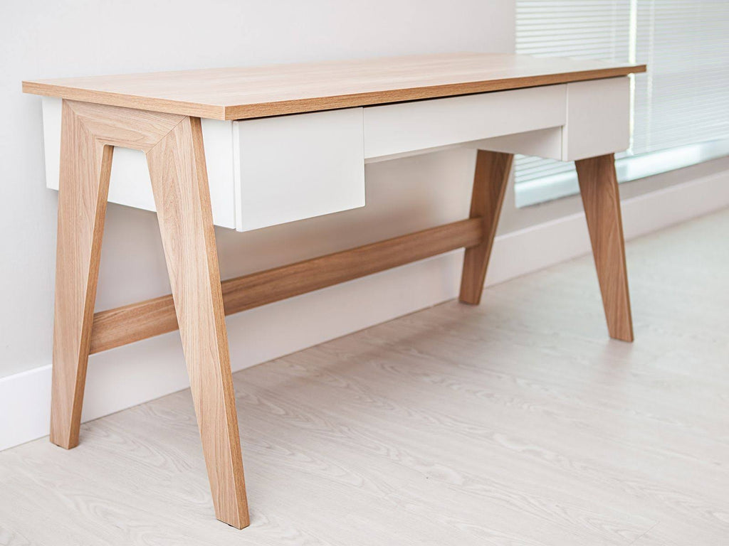 White Executive Office Desk with Light Oak Legs T8700
