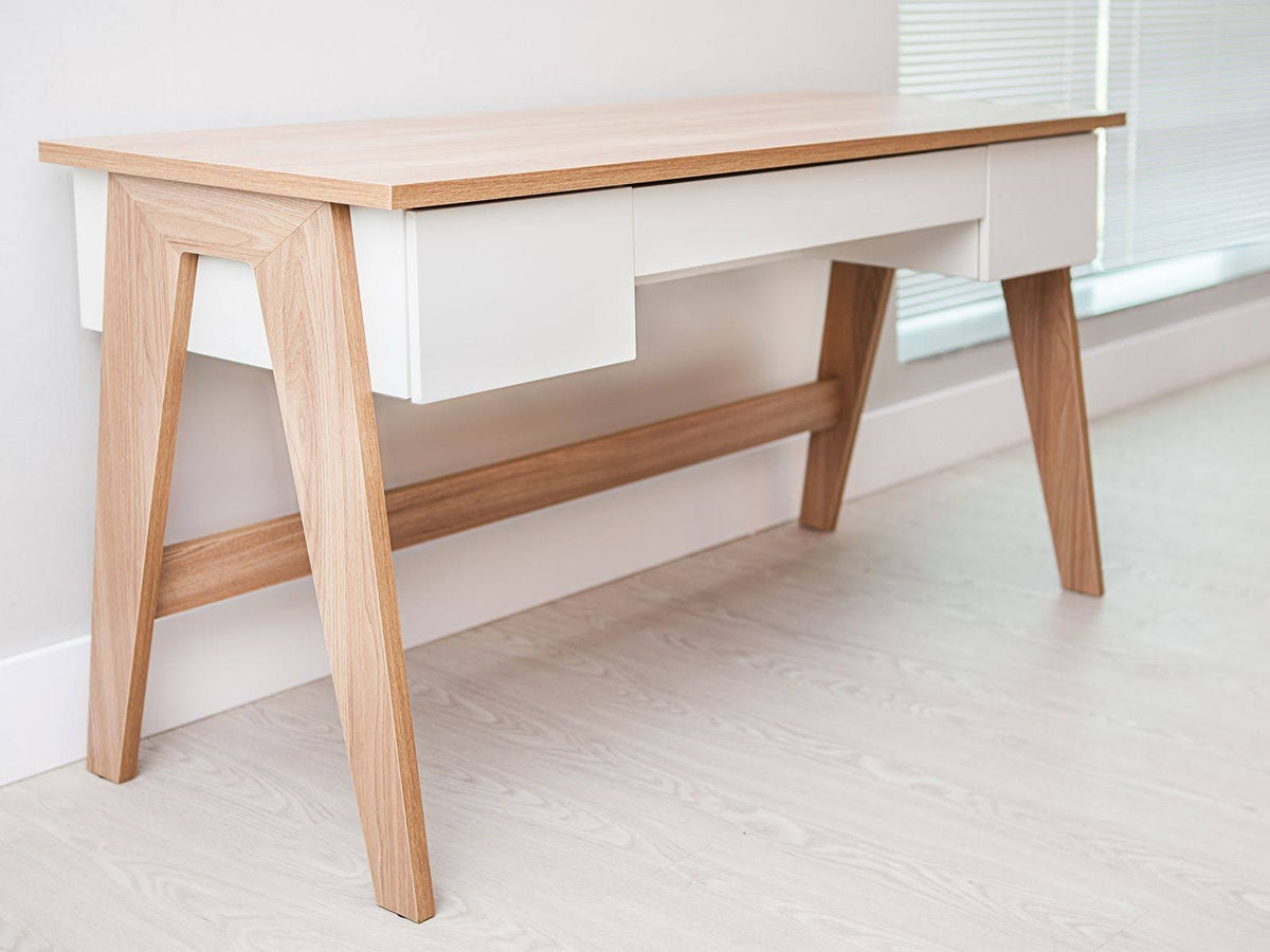 White Executive Office Desk with Light Oak Legs T8700