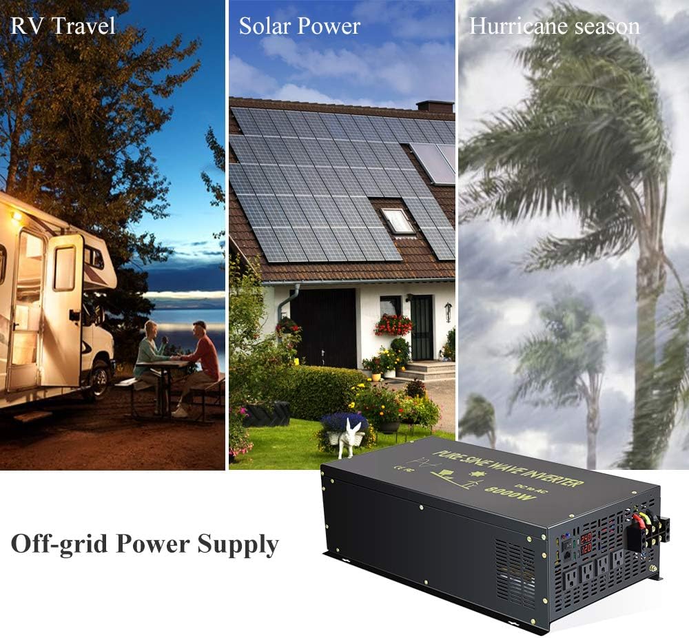 8000W Pure Sine Wave Power Inverter DC 24V to AC 120V with 4 AC Outlets Remote Control LED Display U6827