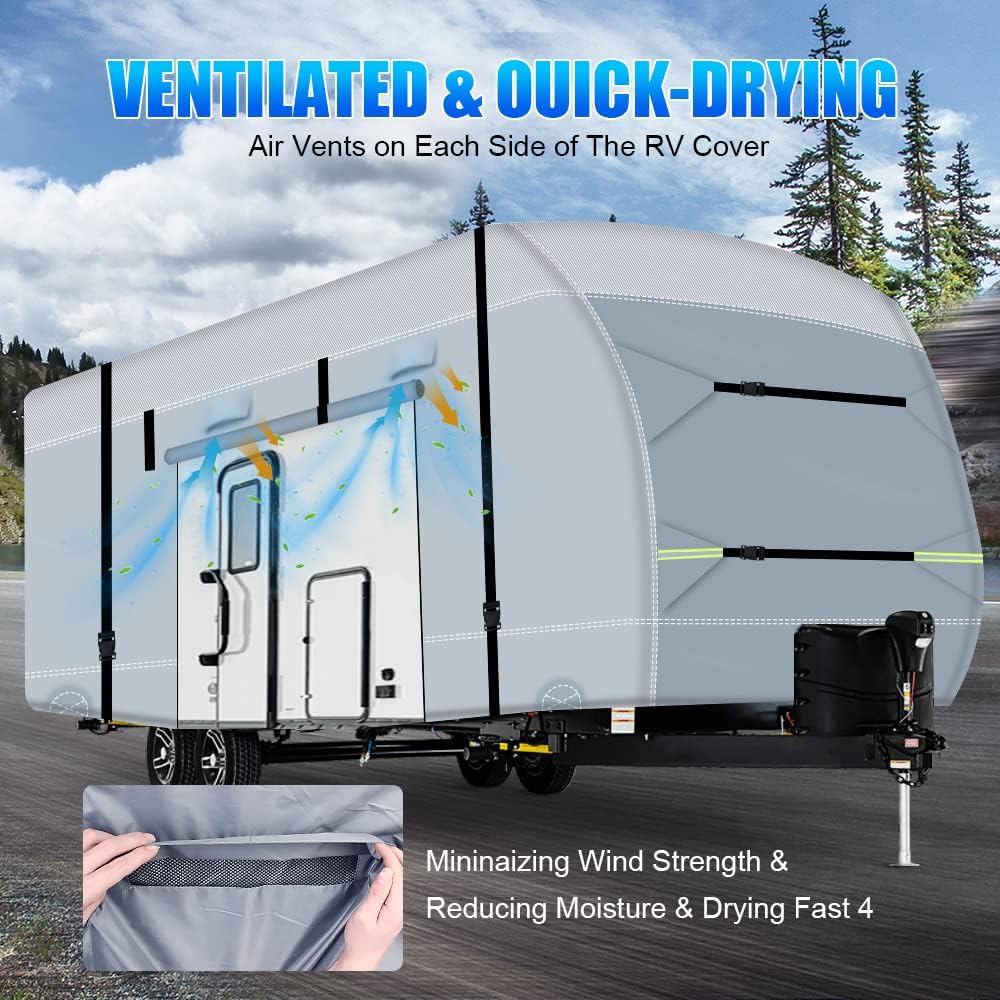 600D Ripstop RV Cover with 4 Tire Covers & Tongue Jack Cover & 6 Gutter Cover Q656