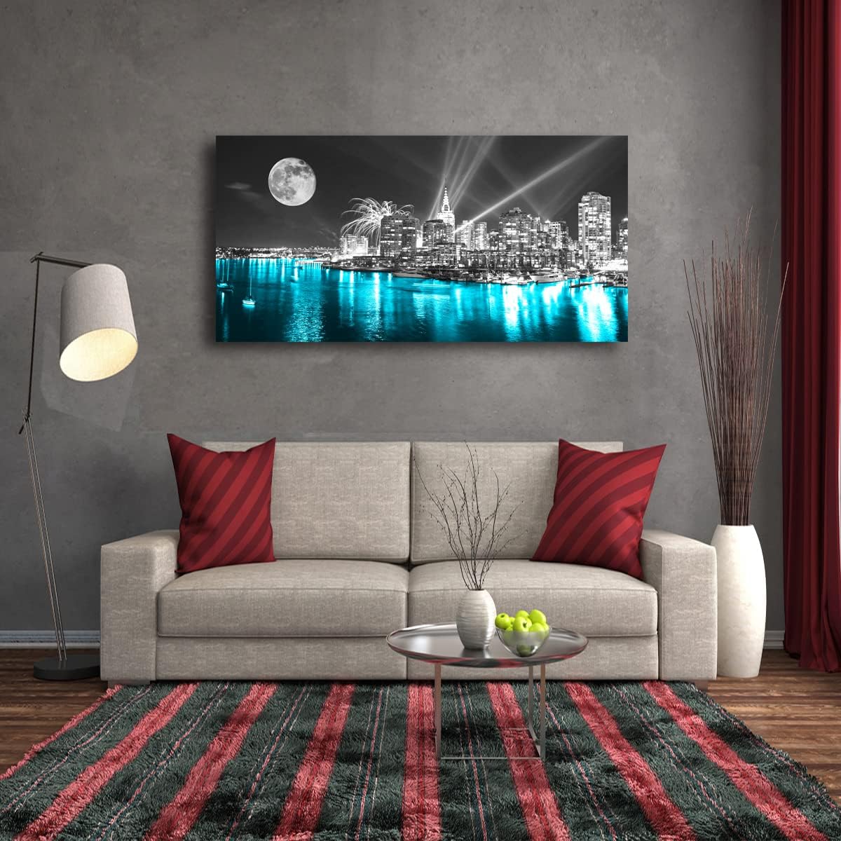 Moon Painting Wall Art Canvas Prints Cityscape Poster Lighted New York City Skyline Pictures Wooden Framed Artwork 20x40 Inches E5668