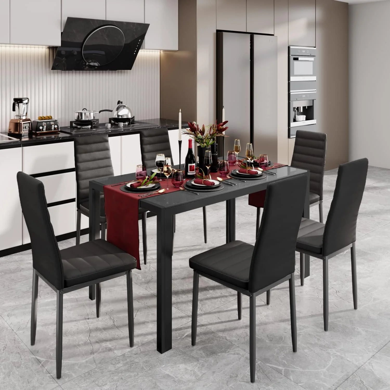 Black PU Leather Dining Table Set with 6 Chairs D115076