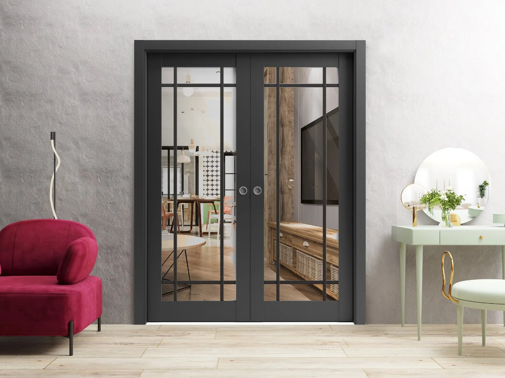 Matte Black Clear Glass Sliding French Double Pocket Doors S3765