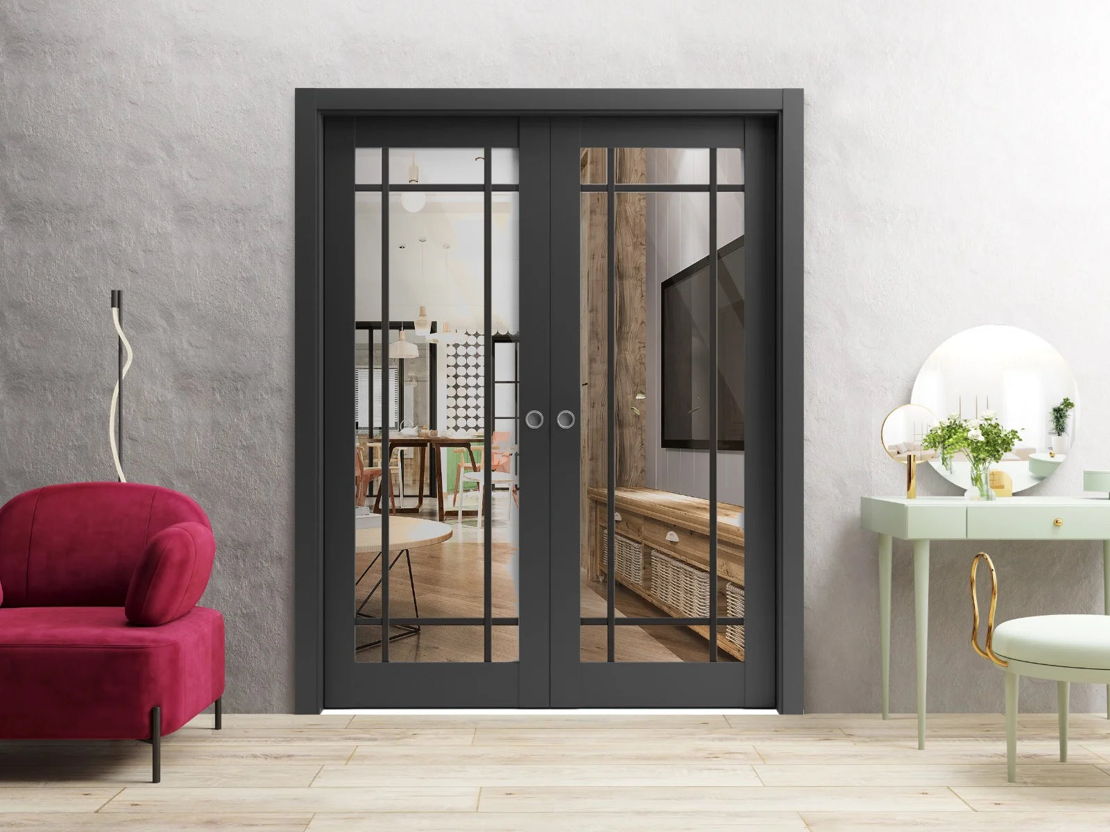 Matte Black Clear Glass Sliding French Double Pocket Doors S3765