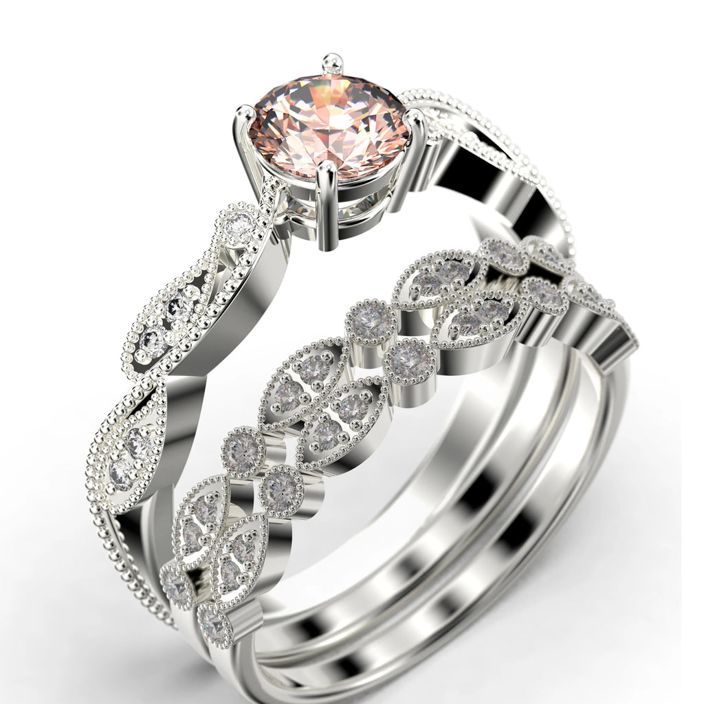 2.25 Carat Round Cut Morganite And Diamond Moissanite Engagement Ring in 925 Sterling Silver With 18k White Gold Plating G4593